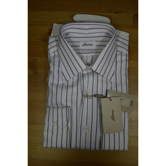 $749 Brioni Italy 16 / 41 Men Lavender White Long-Sleeve Button Top Dress Shirt - Picture 4 of 7
